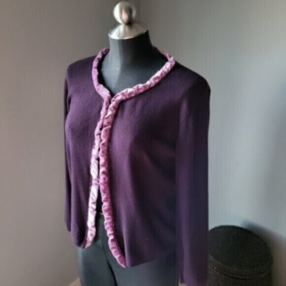 Vintage Velvet trim Cardigan Sweater  Merlo Wine Burgundy sz small - Picture 1 of 8